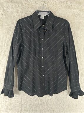 NWT Vintage Starington Black Pinstripe Button-Down Shirt with Ruffle Cuffs